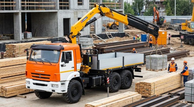 КамАЗ 43118 с манипулятором: задачи на строительных объектах